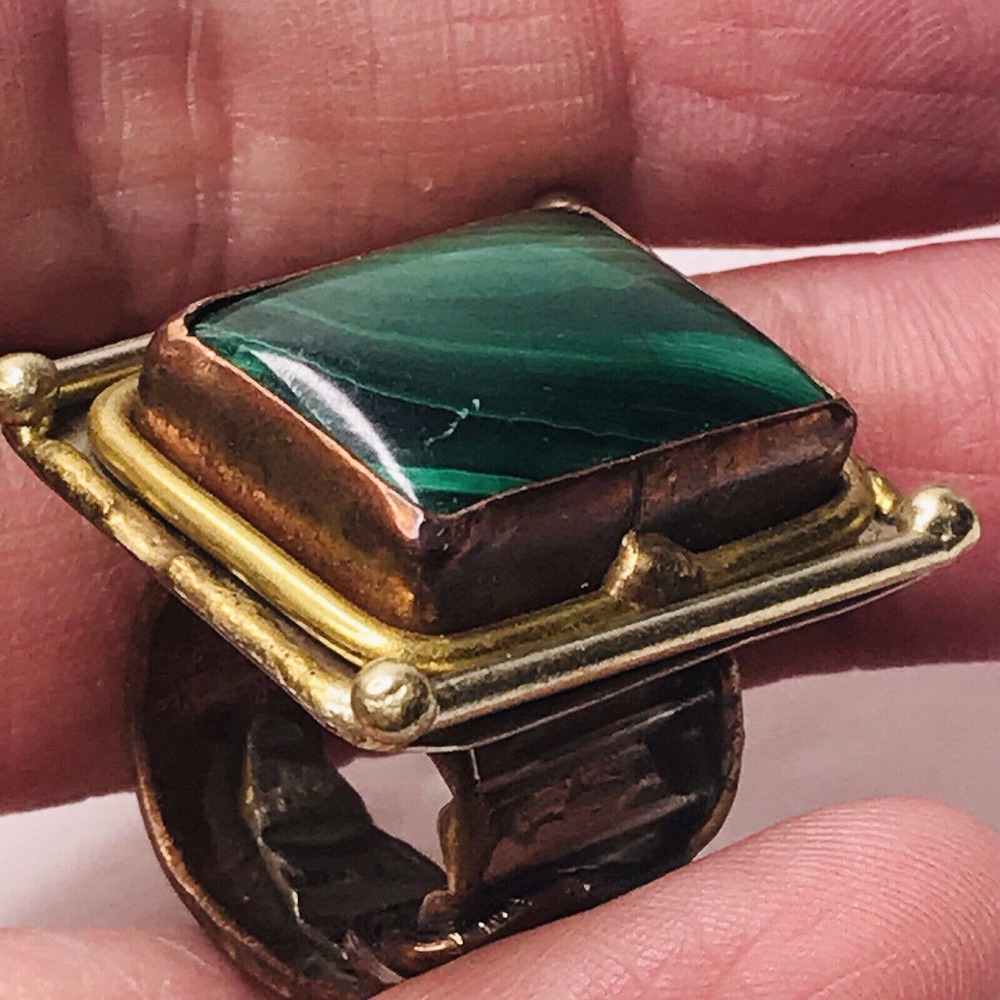 Malachite Ring‎ Modernist Brutalist Handcrafted Tri Color Sz 4 Large Stone